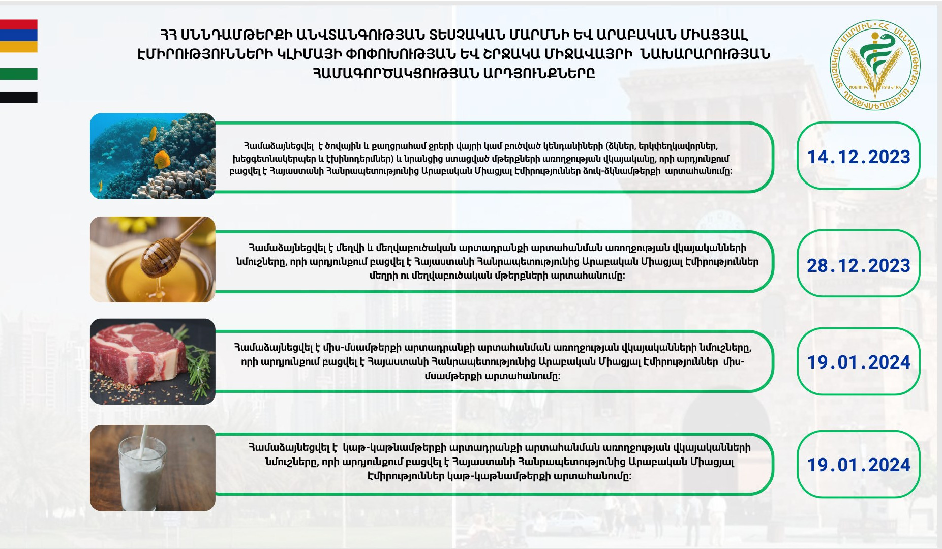 Հայաստանից ԱՄԷ կարող է արտահանվել ձուկ-ձկնամթերք, մեղր և մեղվաբուծական արտադրանք, կաթ-կաթնամթերք և միս-մսամթերք
