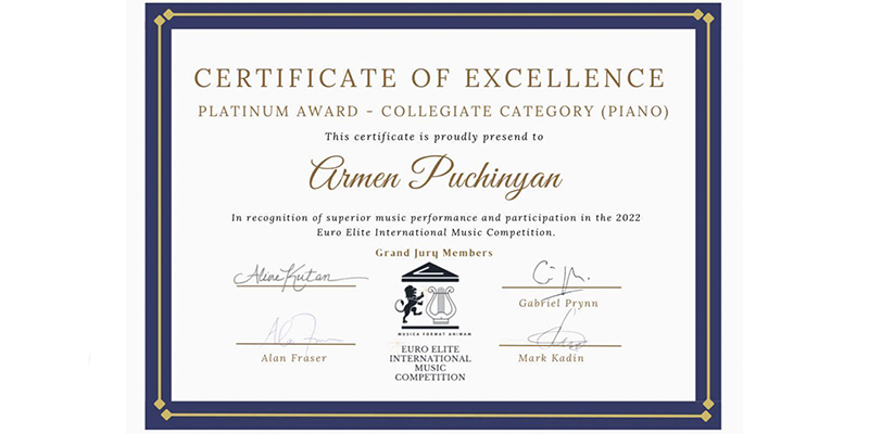 Պատանի դաշնակահար Արմեն Պուչինյանն արժանացել է Platinum Award/Grand Prix մրցանակին  