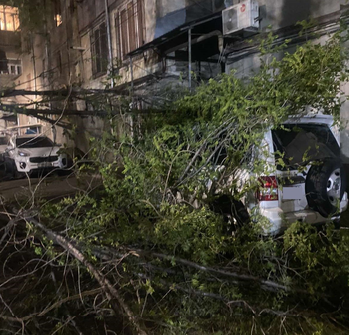 Ուժեղ քամու պատճառով Կոմիտասի պողոտայում ծառի ճյուղերը կոտրվել և ընկել են կայանած «Mitsubishi Pajero»-ի վրա