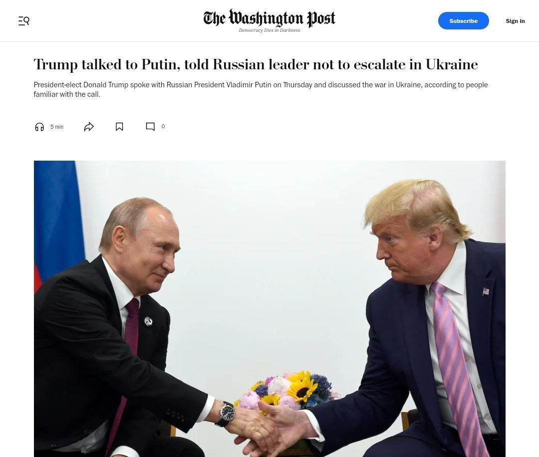 The Washington Post: Трамп в четверг беседовал с Путиным: они обсудили конфликт в Украине