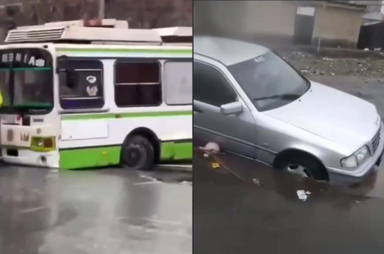 Հորդառատ անձրևից հետո Երևանում մեքենաները հայտնվել են ջրափոսերի մեջ (տեսանյութ)