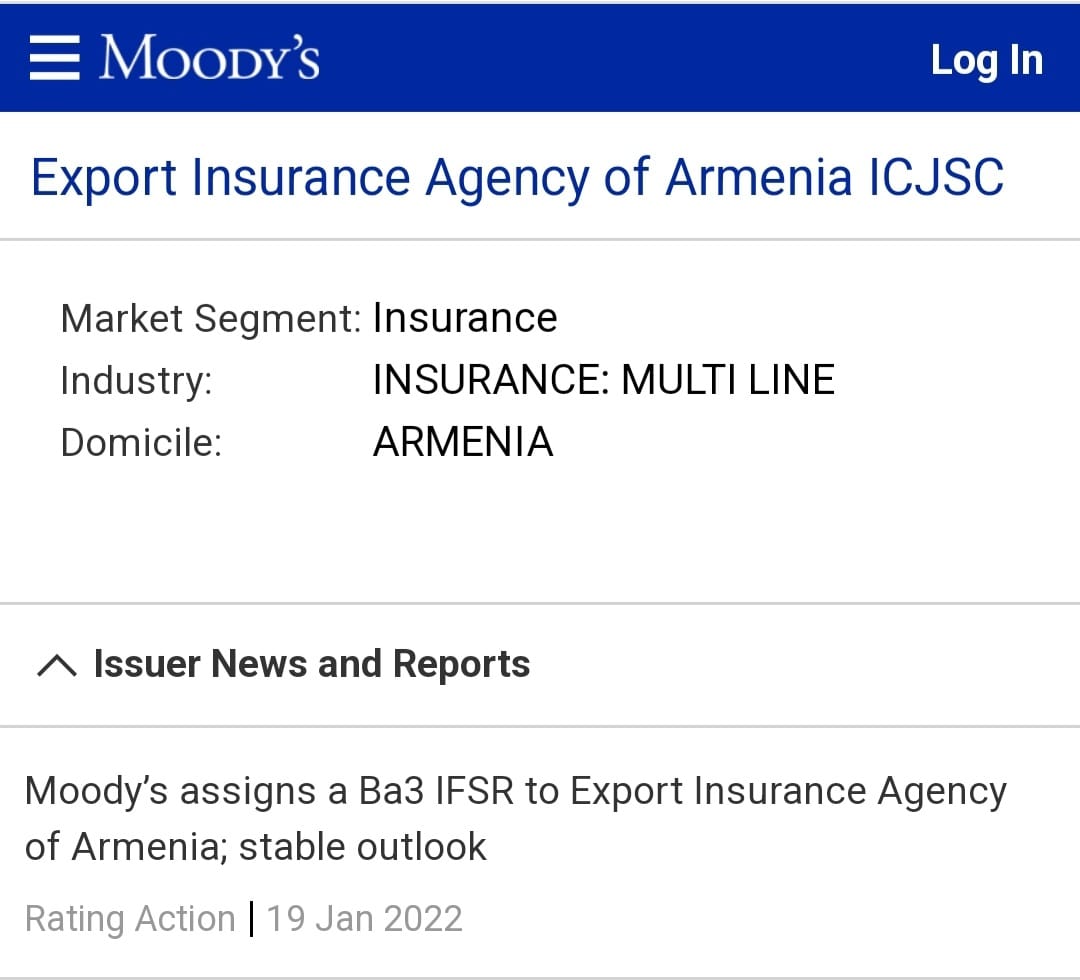 Հայաստանի Արտահանման Ապահովագրական Գործակալությունը ստացել է Moody's ռեյտինգ․ Քերոբյան